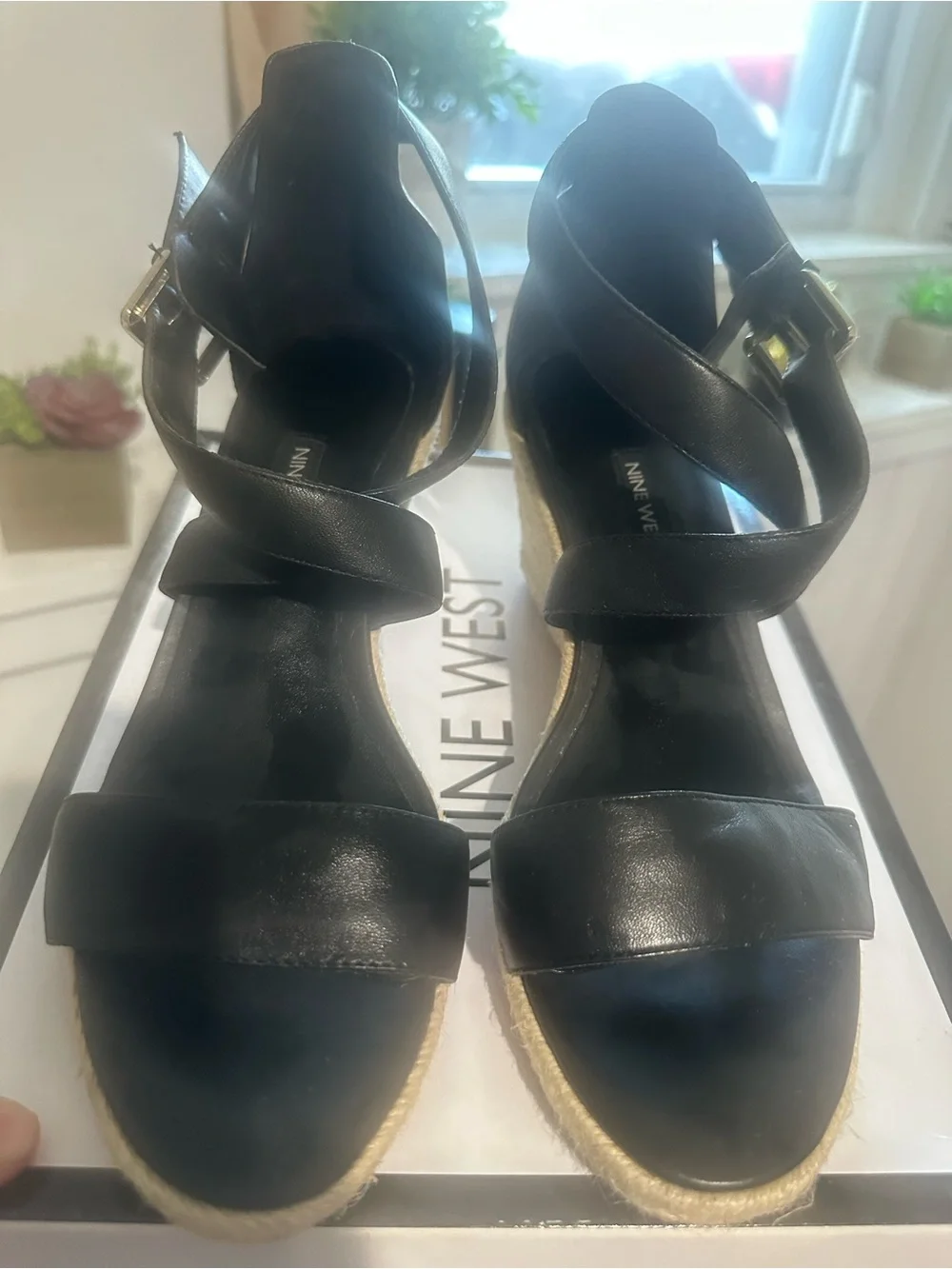 Nine West Black Leather Espadrille Wedge Sandals with Crisscross Straps